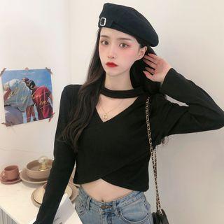 Long-sleeve Cutout Knit Crop Top