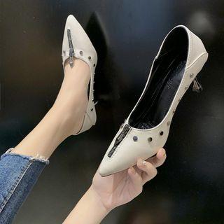 Zip Accent Studded Faux Leather Pumps