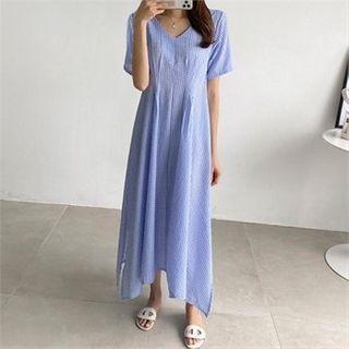 V-neck Gingham Long Flare Dress
