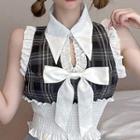 Sleeveless Collar Ruffled Plaid Top White Trim - Dark Blue - One Size