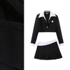 Set: Color Block Crop Blazer + Asymmetrical Pleated Mini Skirt