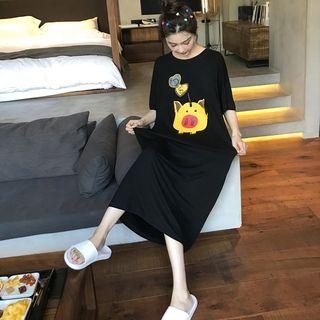 Printed Elbow-sleeve Sleep Dress Black - M
