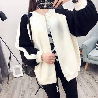 Floral Embroidered Two-tone Knit Bomber Jacket