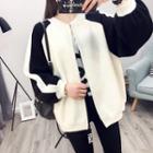Floral Embroidered Two-tone Knit Bomber Jacket