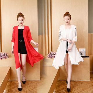 Elbow-sleeve Open-front Chiffon Long Jacket