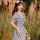 Short-sleeve Frill Trim Shirred Midi A-line Dress