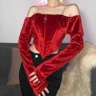 Long-sleeve Off-shoulder Faux Pearl Corset Top