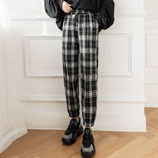 Plaid Drawstring Cropped Harem Pants