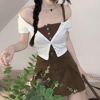 Cropped Camisole Top / Short-sleeve Cardigan / Mini A-line Skirt