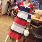 V-neck Colour Block Long-sleeve Knit Dress