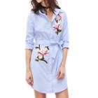 Floral Embroidered Striped Shirt Dress