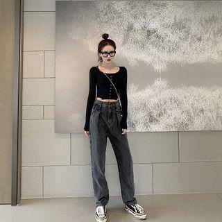 Plain Long-sleeve Slim-fit Cropped Top / Loose-fit Jeans