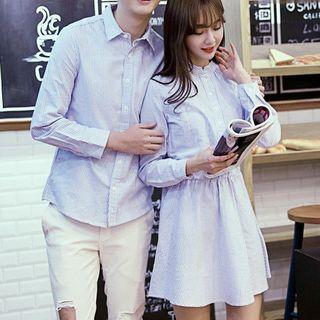 Couple Matching Pinstripe Shirt/ Band-collar Long-sleeve Mini A-line Shirt Dress