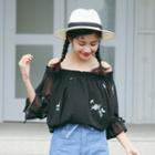 Embroidered Off-shoulder Elbow-sleeve Chiffon Top