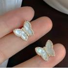 Rhinestone Shell Butterfly Earring 1 Pair - Stud Earrings - White & Gold - One Size