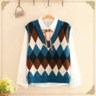 Set: Bow-neck Long-sleeve Shirt + Argyle Knit Vest