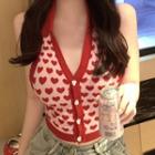 Sleeveless Heart Print V-neck Knit Top Red Hearts - Pink - One Size