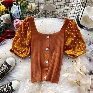 Short-sleeve Paneled Dotted Knit Top