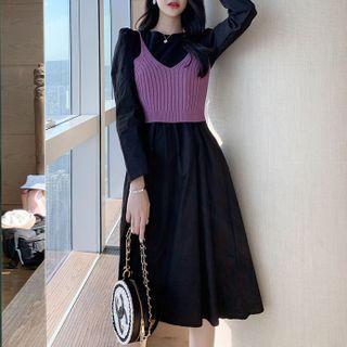 Set: Puff-sleeve Midi A-line Dress + Knit Camisole Top