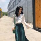 Long-sleeve Double-breasted Blouse / Midi Accordion Pleat Skirt