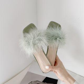Fluffy Chunky Heel Slide Sandals