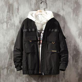 Lettering Embroidered Zip Cargo Jacket
