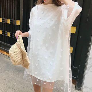 Mesh Overlay Elbow Sleeve Long T-shirt