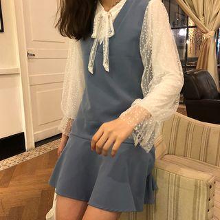 Set: Long-sleeve Lace Top + V-neck Mini Pinafore Dress