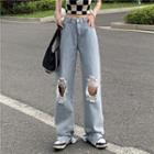 High Waist Distressed Slit-side Loose-fit Jeans