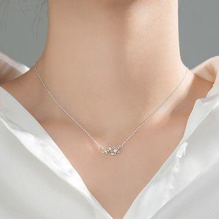 Flower Rhinestone Necklace With Chain - Silver - One Size