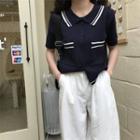 Contrast Trim Single Breast Knit Cardigan Navy Blue - One Size