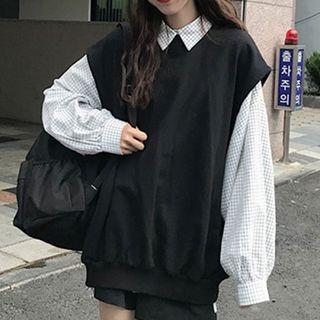 Plain Long-sleeve Blouse / Plain Crewneck Vest