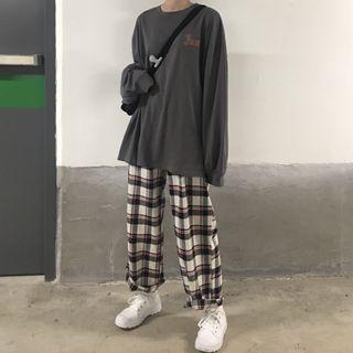 Long-sleeve Lettering T-shirt / Plaid Wide-leg Pants