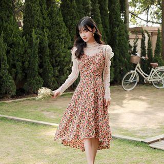 Spaghetti Strap Floral Midi A-line Dress / Mesh Long-sleeve Top