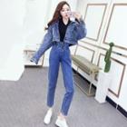Cropped Buttoned Denim Jacket / Cropped Straight Cut Jeans / Long-sleeve Top / Set