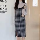 Long-sleeve Mock Neck Plain T-shirt / Sleeveless Plaid Split Hem Dress