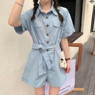 Short-sleeve Tie-waist Wide Leg Cargo Rompers
