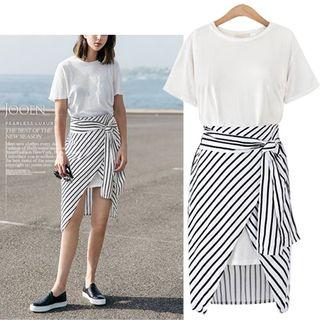 Set: Short Sleeve T-shirt Dress + Striped Asymmetrical Skirt