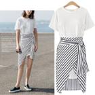 Set: Short Sleeve T-shirt Dress + Striped Asymmetrical Skirt