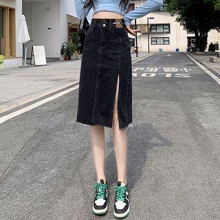 Frayed Side-slit Denim Pencil Skirt