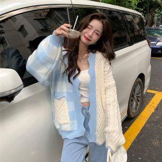 Scallop Edge Plaid Panel Cardigan Blue & White - One Size