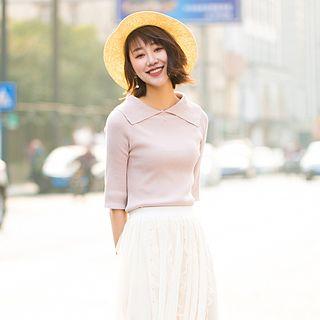 Collared Elbow Sleeve Knit Top
