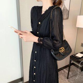 Long-sleeve Lace Trim Button-up Midi A-line Dress