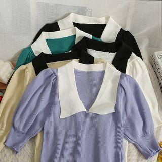 Puff-sleeve Colorblock Polo Shirt In 5 Colors