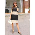 Plus Size - Color-block Short-sleeve Linen Blend Dress
