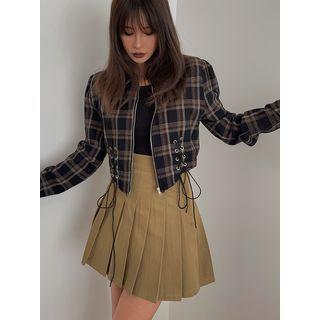 Plaid Lace-up Zipper Shirt