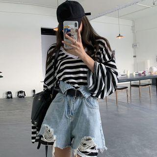Striped Long-sleeve T-shirt / Distressed Denim Shorts
