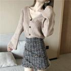 V-neck Cardigan / Fringe-trim Mini A-line Tweed Skirt