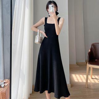 Spaghetti-strap Knit Midi A-line Dress Black - One Size