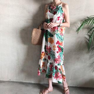 Halter Flounced Tropical Flower Midi Dress